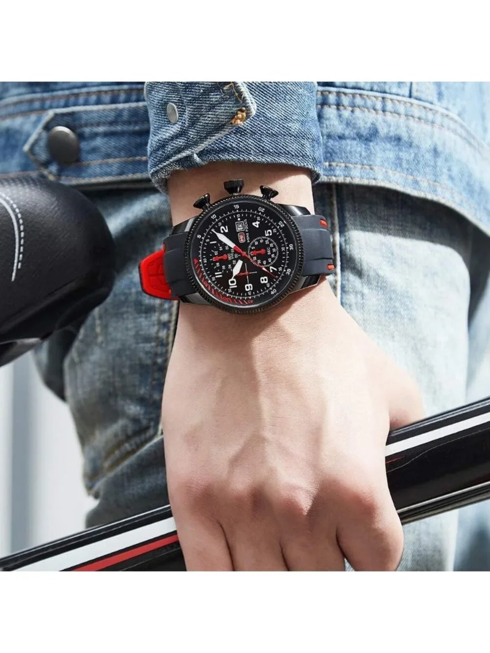 Men Black Red Analog Quartz Waterproof Chronograph Classic Stylish Casual Watch